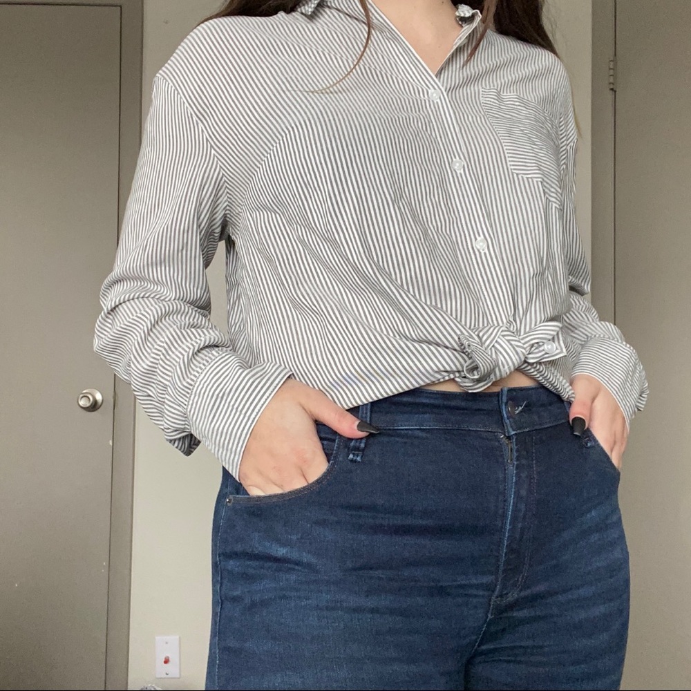 grey and white striped button up shirt size XL